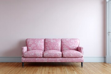 A plush pink floral sofa sits against a pastel pink wall.