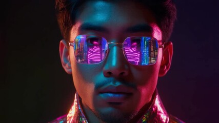 Portrait male model in reflective iridescent coat, neon city reflections on face, ultra-realistic 8K, 2026 - Powered by Adobe