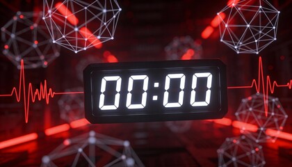 Glowing Red Digital Clock Showing 00:00 with Heartbeat Pulse Line. Futuristic Sci-Fi Countdown Timer to Zero. 3D Concept of Deadline, Midnight, System Reset and Time Running Out Background
