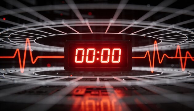 Glowing Red Digital Clock Showing 00:00 with Heartbeat Pulse Line. Futuristic Sci-Fi Countdown Timer to Zero. 3D Concept of Deadline, Midnight, System Reset and Time Running Out Background - Powered by Adobe