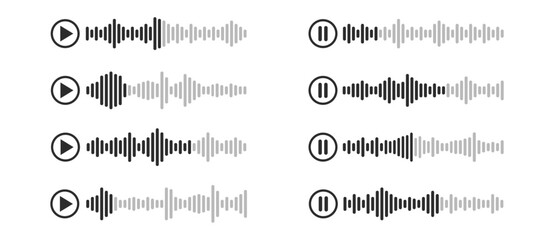 Audio waveform and sound wave vector icons, voice, podcast, microphone, music, digital signal, frequency, equalizer, radio, media player, pulse, beat, track, abstract illustration