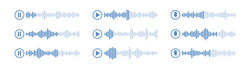 Voice message audio waveform interface, podcast and microphone player with play and pause buttons, mobile app vector illustration © Ivan