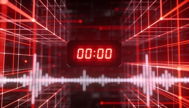 Glowing Red Digital Clock Showing 00:00 with Heartbeat Pulse Line. Futuristic Sci-Fi Countdown Timer to Zero. 3D Concept of Deadline, Midnight, System Reset and Time Running Out Background - Powered by Adobe
