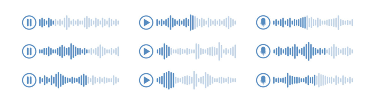 Voice message audio waveform interface, podcast and microphone player with play and pause buttons, mobile app vector illustration