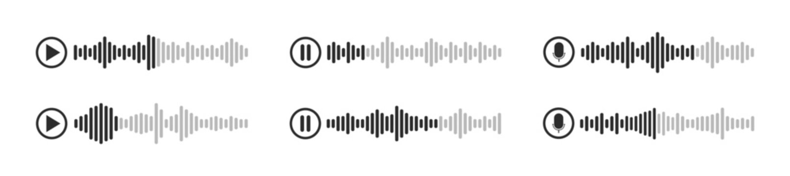 Audio message and podcast waveform icons, voice, chat, voicemail, music, sound, record, playback, player, digital interface vector on transparent background