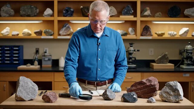 Focused Senior Man Examining Rock Samples in a Geology Laboratory with Shelves of Minerals