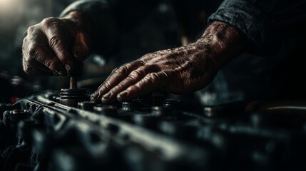 Mechanic repairing engine with precision and skilled hands