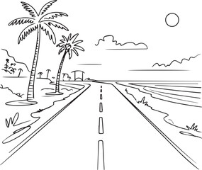 Fototapeta premium A serene coastal road lined with palm trees leading to the beach at sunset from a distant viewpoint.