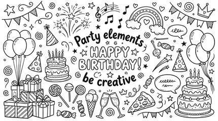 Birthday Celebration Doodle Vector &ndash; Black-and-White Festive Icons with Cake, Balloons, Gifts, and Party Elements for Cards, Invitations, and Decoration Use