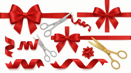Decorative Ribbon & Bow Vector Set &ndash; Red Celebration Elements with Gold and Silver Scissors for Gift Wrapping, Craft, and Festive Design Use