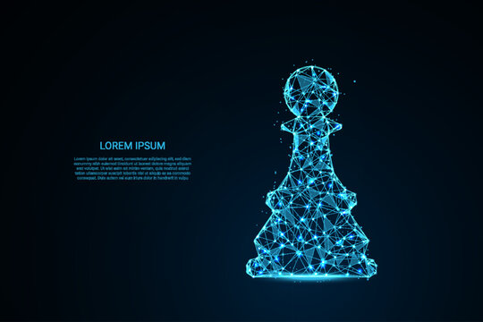 A digital low-poly wireframe illustration of a glowing blue chess king piece set against a dark background