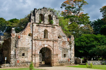 Ujarras Church Facade Ruins being overgrown by jungle forest Costa Rica Valle de Orosi