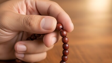 Close up Hand Counting Wooden Tasbeeh Beads Islamic Prayer and Meditation Concept