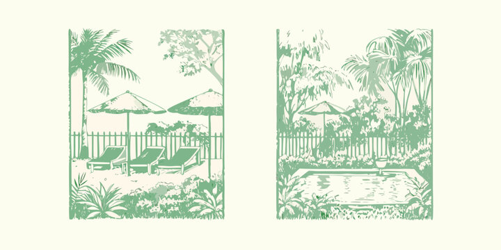 A serene tropical scene with palm trees lounge chairs and a poolside view