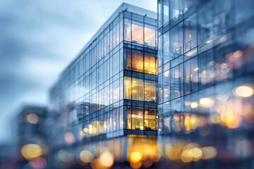 Modern glass building with glowing interior lights and blurred city lights.