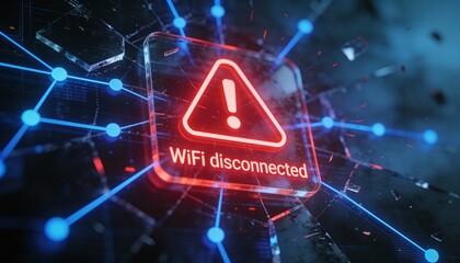 Glowing Red WiFi Disconnected Text on Shattered Glass Screen. 3D Illustration of Internet Connection Loss, Signal Failure and Offline Error. Futuristic Blue Network Technology Background