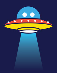 Colorful cartoon style flying saucer ufo emitting bright light beam vector illustration against dark blue background © MD kibriya Ahamed 