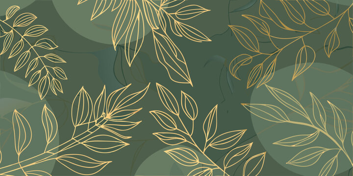 Elegant dark green background with golden linear botanical leaf patterns