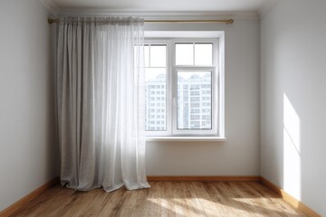 Fototapeta premium Interior view of a bright room with curtains and a window showing city buildings.