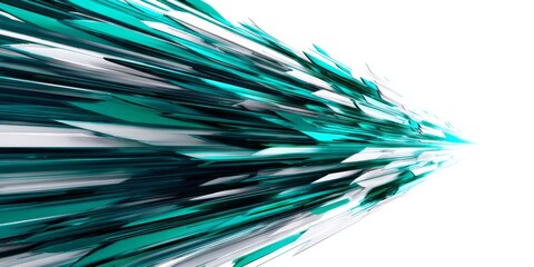 Abstract geometric shards of teal and white streak into the distance.