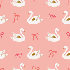 Pink romantic white swan and bow seamless pattern. Hand drawn coquette birds Lovely Valentine Day repeat background, wallpaper, textile design, fabric, wedding paper. Vector illustration for girls. © Tani Kuzminka