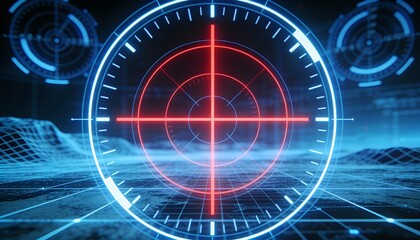 Futuristic Red Sniper Target Scope on Blue Digital Terrain Map. High Tech Military Drone Surveillance and Tactical Tracking Concept. Abstract HUD Interface Background 3D Illustration