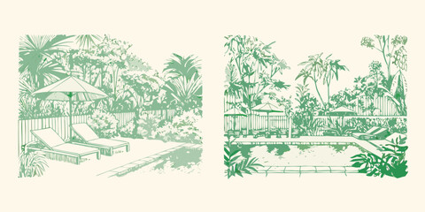 A tranquil poolside scene featuring lush greenery and comfortable lounge chairs © Lelin