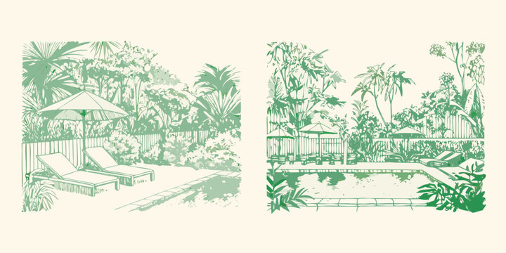 A tranquil poolside scene featuring lush greenery and comfortable lounge chairs