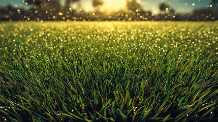 朝日が差し込む新緑の芝生背景（コピースペース）