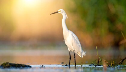 A snowy white bird stands tall in shallow water near green foliage and golden light