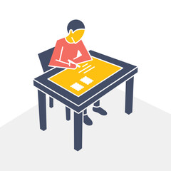 A quirky character leaning over an office desk to write addresses on a massive letter envelope. Concept of communication, sending important mail, or office tasks in abstract vector art.