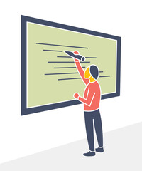 A distorted character figure writing on a blackboard using a disproportionately large chalk. Concept of education, teaching, presenting big ideas, or learning in a geometric naive style.