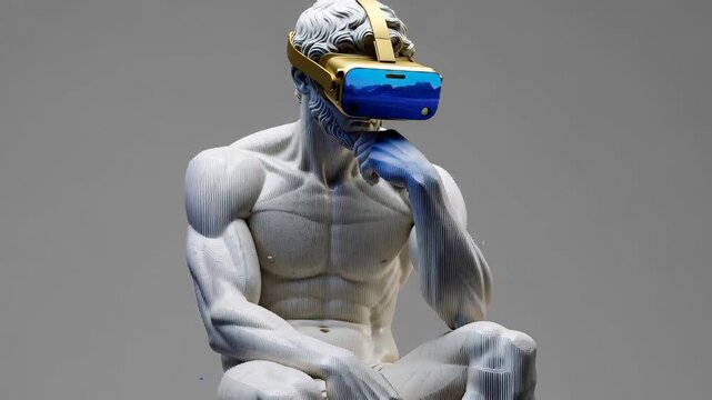 Classical marble thinker statue wearing a gold VR headset with digital glitch distortion, representing the future of the metaverse in a cinematic 3D animation.