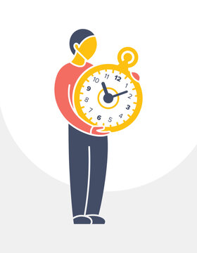 A distorted character sitting and holding a huge clock. Concept of time management, deadlines, waiting, urgency, or the weight of time in a geometric modern style.