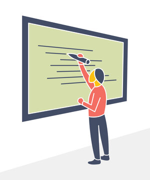 A distorted character figure writing on a blackboard using a disproportionately large chalk. Concept of education, teaching, presenting big ideas, or learning in a geometric naive style.