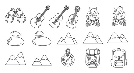 Camping and hiking icons set with outdoor adventure elements.
