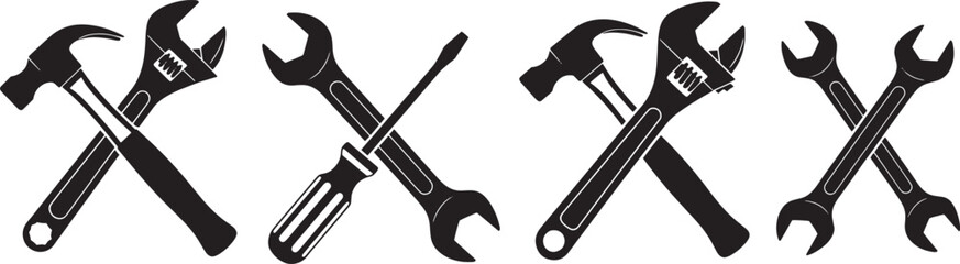 Industrial steel hammer and wrench tools isolated on a white background with artistic black and white paint splashes for building and repair