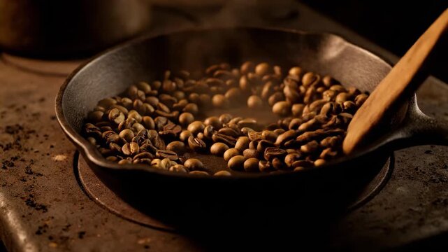 Ultra Close-Up Of Coffee Beans Roasting In A Worn Cast Iron Pan On Vintage Stove.