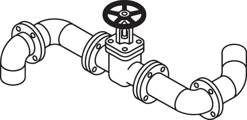 Black and white line of a pipe system with a central valve and elbow joints also transparent background