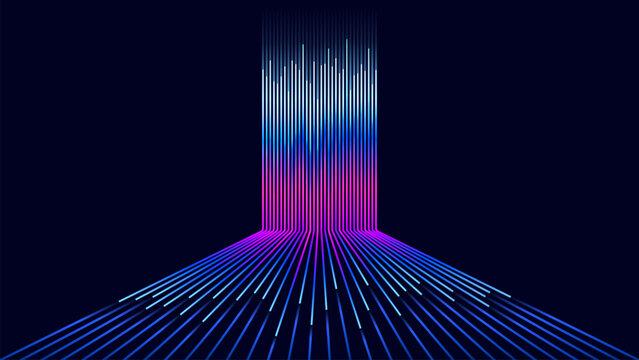 High speed colorful neon light trails moving upward. Abstract geometric illustration representing fast data transfer, internet speed, and digital energy on a dark background.