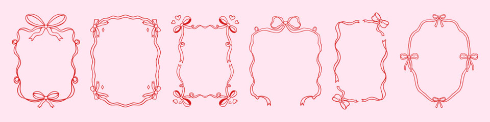 Vector set of cute outline hand drawn pink ribbon frame border collection. Whimsical decorative coquette bow outline frames for romantic greeting card, valentine, wedding invitation, scrapbook design. © Ulyana Mo