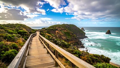 Elevated wooden walkway winding alongside a rugged coastline with crashing waves under a cloudy sky