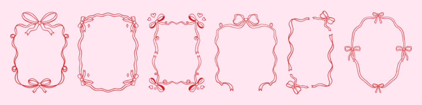 Vector set of cute outline hand drawn pink ribbon frame border collection. Whimsical decorative coquette bow outline frames for romantic greeting card, valentine, wedding invitation, scrapbook design.