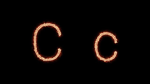 Fiery glowing capital and lowercase letter C animation on black background, burning alphabet typography effect for dramatic titles, intros, and logo design.