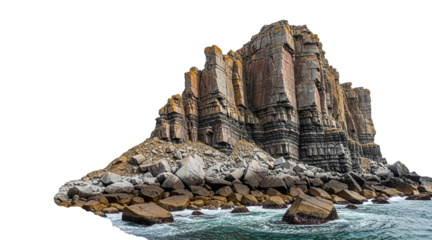 Dramatic rocky cliffside by ocean with rugged layered stone formations