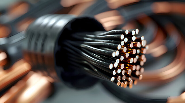 Close up of cut black electrical cable revealing multiple copper wires