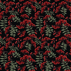 Seamless Rowan Berry Black Pattern with Red Berries and Green Leaves Botanical Autumn Nature Background Vector Illustration for Textile Fabric Wallpaper Wrapping Paper Surface Design