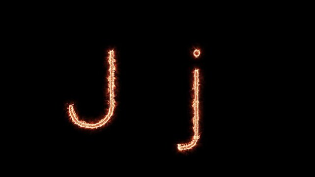 Fiery glowing capital and lowercase letter J animation on black background, burning alphabet typography effect for dramatic titles, intros, and logo design.