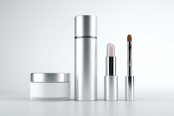 Obraz premium Elegant Beauty Essentials: A curated collection of essential beauty items, including a jar, spray, lipstick, and brush, presented in a minimalist, elegant arrangement.