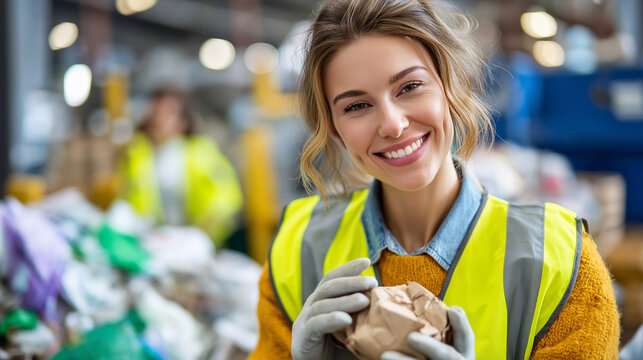 Cheerful young worker protective vest, gloves holding cardboard, looking camera garbage, sorting center recycling, concept industrial display, defocused colleagues background, with